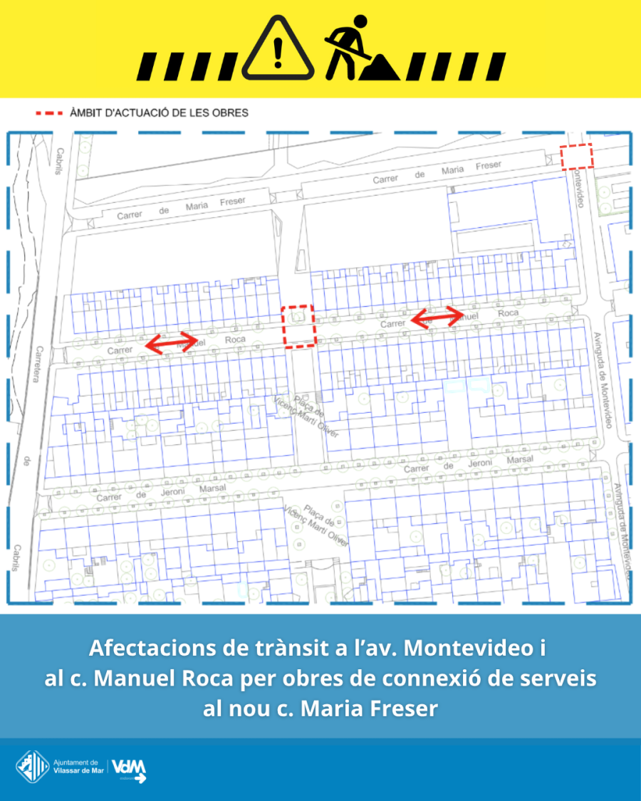 Afectacions de trànsit a l’av. Montevideo i  al c. Manuel Roca per obres de connexió de serveis al nou c. Maria Freser