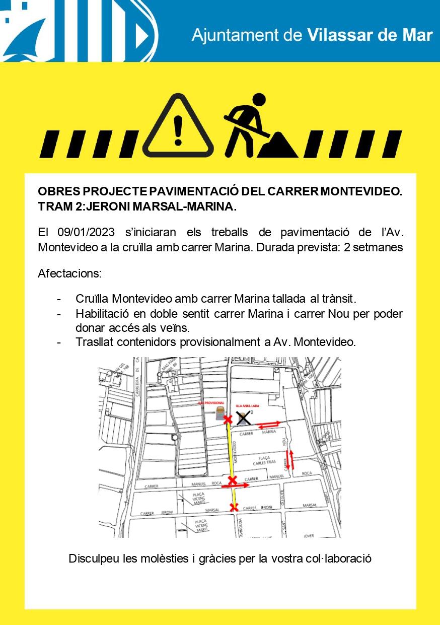 Cartell avís d'obres pavimentació de la cruïlla de l'avinguda Montevideo amb carrer Marina
