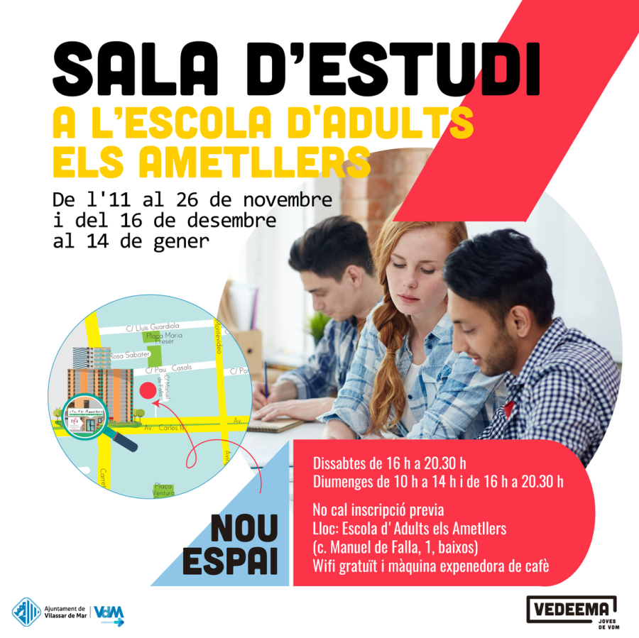 Cartell sala d'estudi en cap de setmana a l'Escola d'Adults