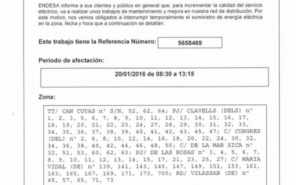 Avís Endesa 20 gener