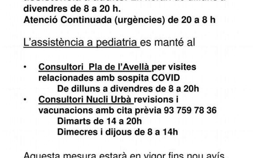 Nou horari assistència pediatria covid