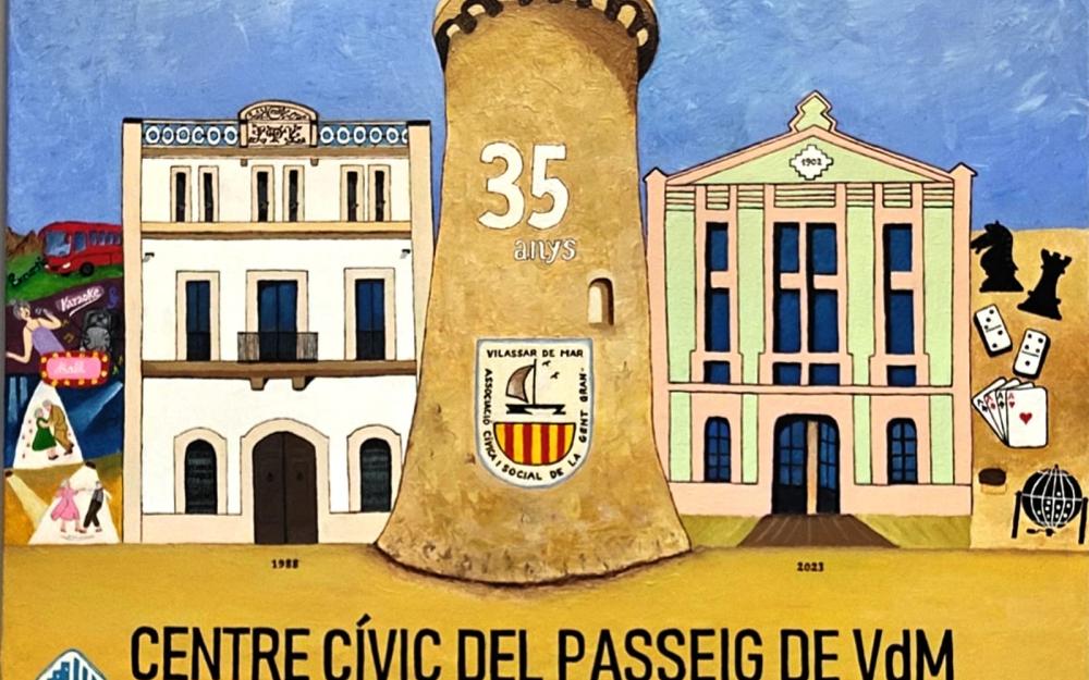 Imatge del dibuix de Jaume Marfà per commemorar l'efemèride dels 35 anys de l'Associació Cívica i Social de la Gent Gran de Vilassar de Mar 
