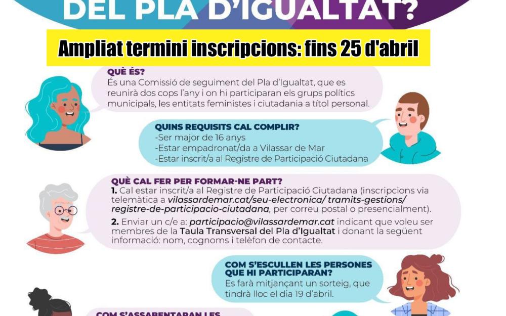 Cartell ampliat termini d'inscripcions per ser membre de la Taula Transversal del Pla d'Igualtat