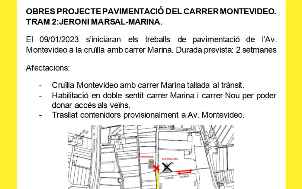 Cartell avís d'obres pavimentació de la cruïlla de l'avinguda Montevideo amb carrer Marina