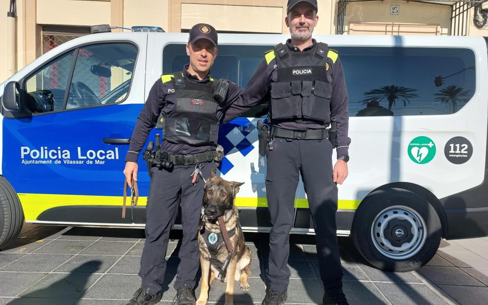 En K9 amb el seu agent guia i el sergent de la Policia Local