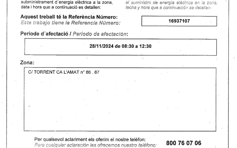 Cartell d'avís de tall de subministrament de llum d'Endesa