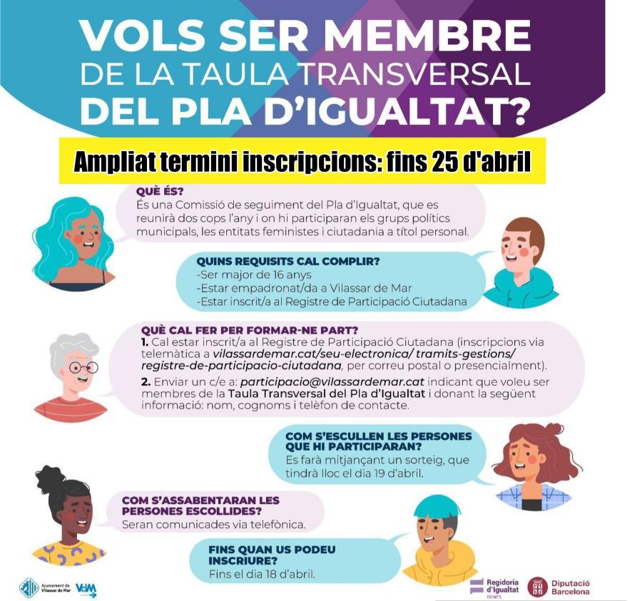 Cartell ampliat termini d'inscripcions per ser membre de la Taula Transversal del Pla d'Igualtat