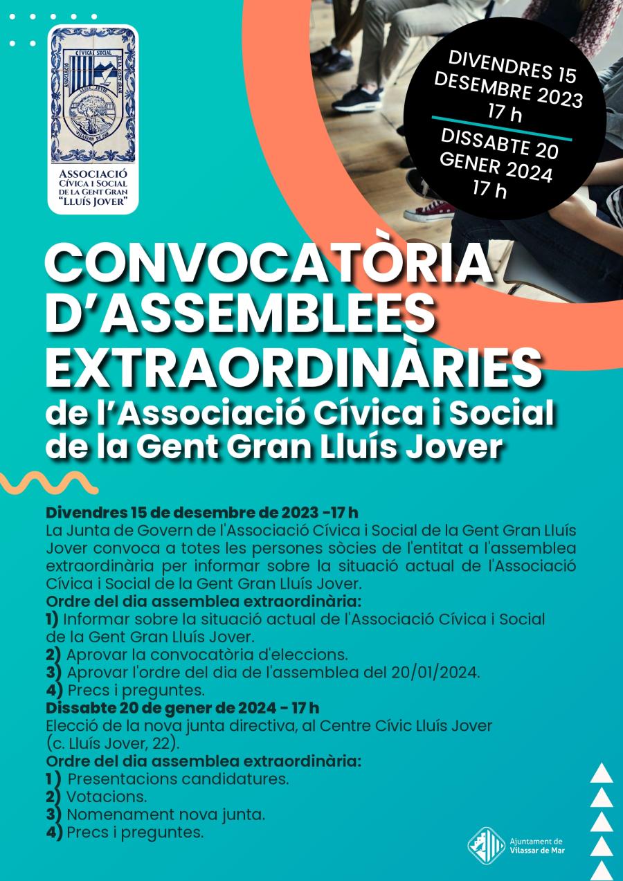 Cartell de la convocatòria de dues assemblees extraordinàries de l'Associació Cívica i Social de la Gent Gran Lluís Jover