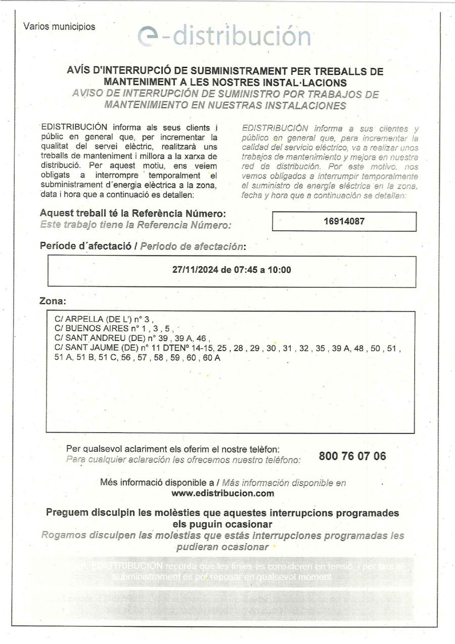 Cartell de l'avís del tall del dia 27 de novembre de 2024
